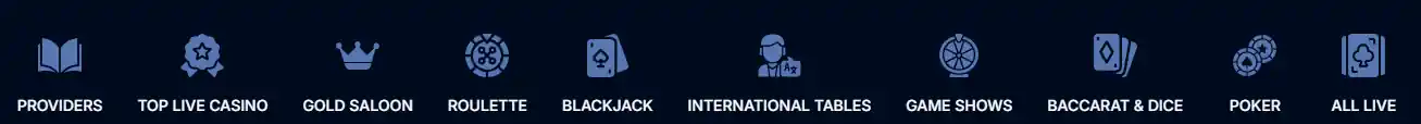 Menu di navigazione Boomerang Bet per categorie di gioco e fornitori.
